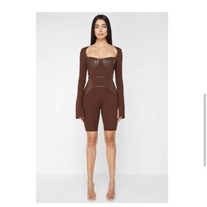 Maniere De Voir Pleated Vegan Leather & Bandage Playsuit - Brown
